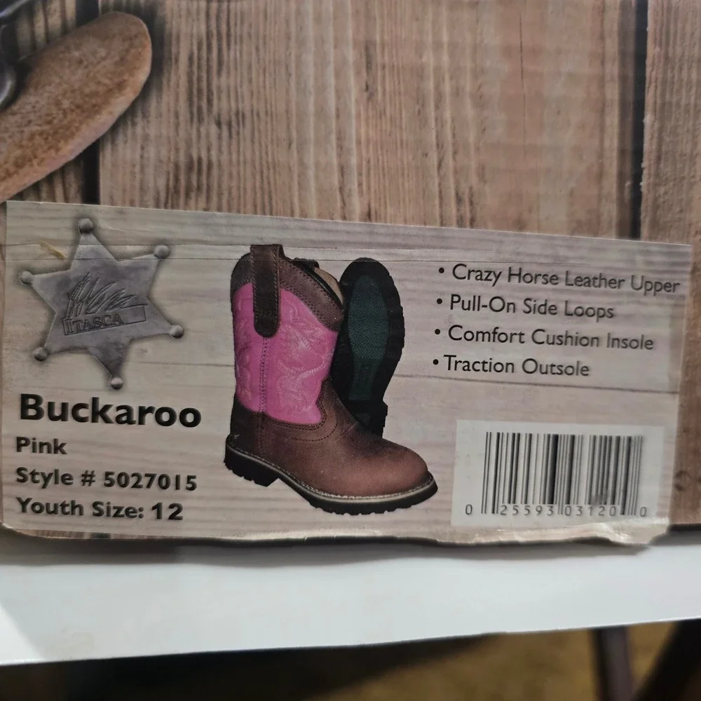 NIB Itasca Buckaroo‎ Girls Brown Pink Embroidered Western Cowboy Boots Sz 12